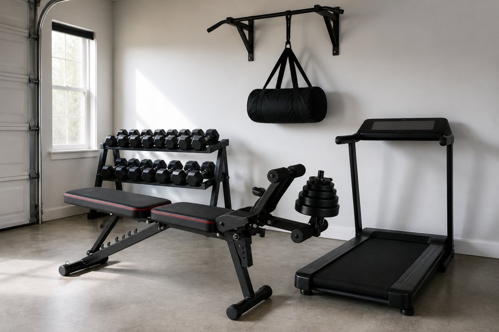 Well-organized home gym space with adjustable dumbbells on a rack, wall-mounted pull-up bar with sandbag storage below it, and compact electric treadmill positioned along the wall, showing efficient use of limited residential square footage with concrete flooring and bright natural light