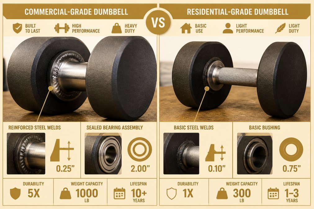 Close-up photograph showing reinforced steel welds and sealed bearing assembly on commercial-grade dumbbell compared to thinner residential dumbbell placed side by side on workbench, with overhead lighting highlighting the construction differences