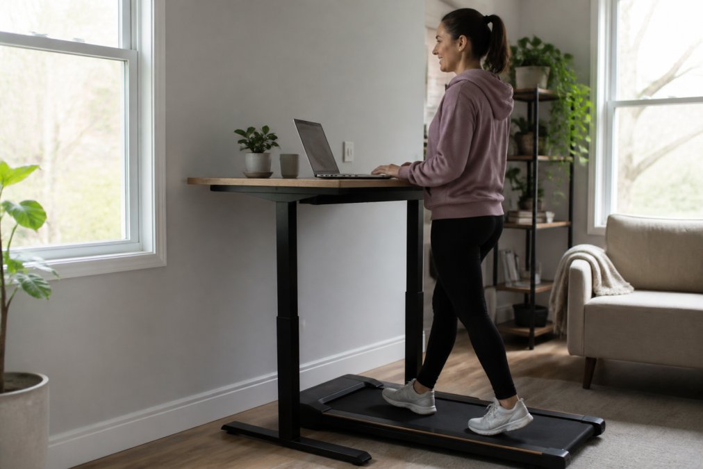 A person in casual athletic wear walking on a compact under-desk treadmill at a home office workstation, with a laptop open and natural light coming through a window