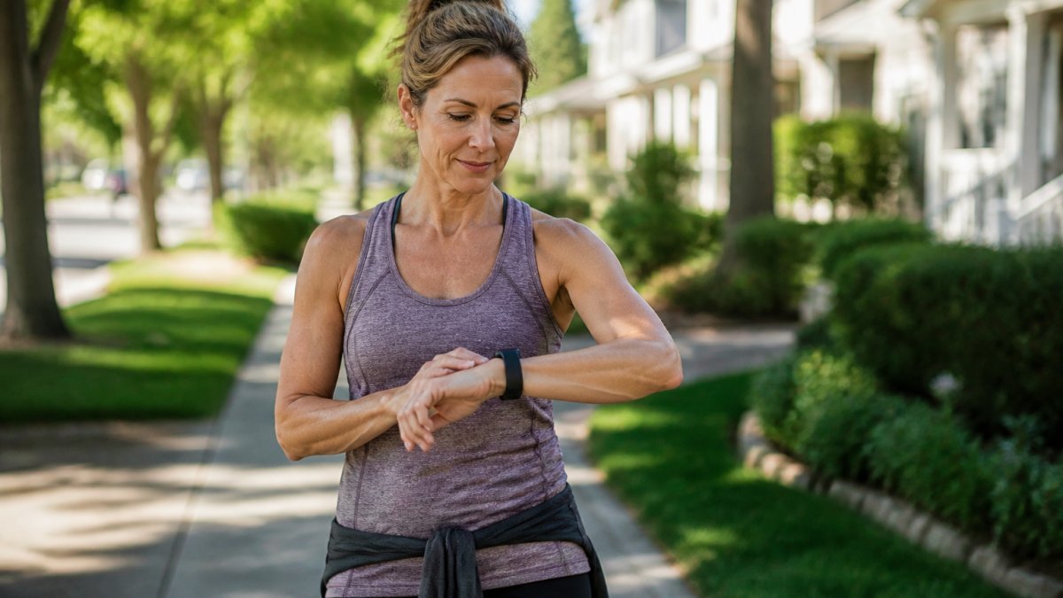 Woman in her 40s wearing athletic gear checking her smartwatch while walking through a suburban neighborhood