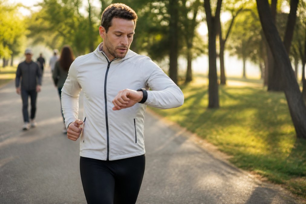 A runner in a light jacket checking their smartwatch heart rate mid-stride on a tree-lined park path, morning sunlight filtering through branches, other walkers blurred in the background