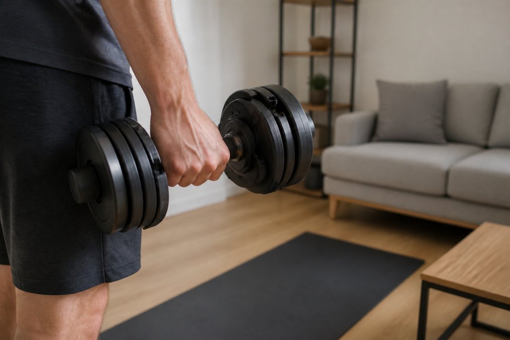 Nahaufnahme einer verstellbaren Kurzhantel in einer Hand, im Hintergrund ein kleines Wohnzimmer mit minimalistischer Einrichtung und einer Trainingsmatte