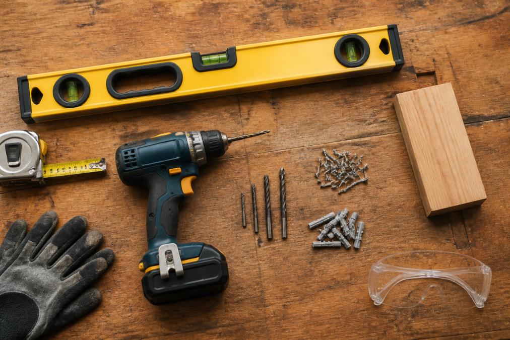 Overhead view of professional installation tools arranged on wooden workbench: spirit level, metal measuring tape, cordless drill with bits, wood screws, wall fixings, scribing block, and safety equipment in natural workshop lighting