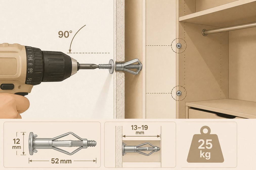 Close-up of cordless drill installing heavy-duty cavity wall anchor into plasterboard, showing proper angle and technique with fitted wardrobe carcass frame visible in background, natural workshop lighting