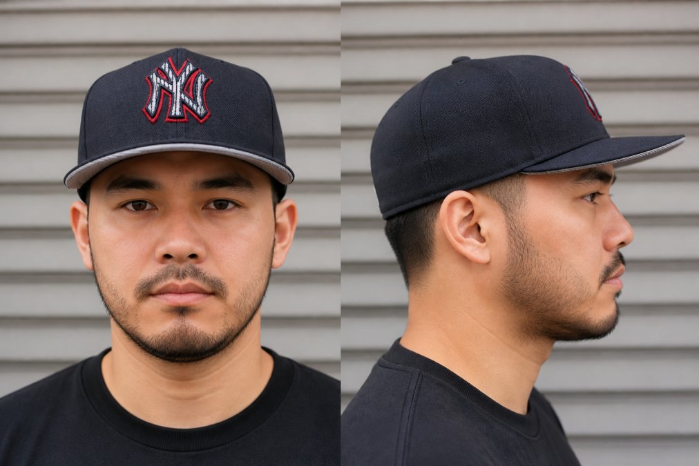 Person wearing a fitted cap from front and side view, showing how the structured crown and precise sizing conform to head shape and facial proportions