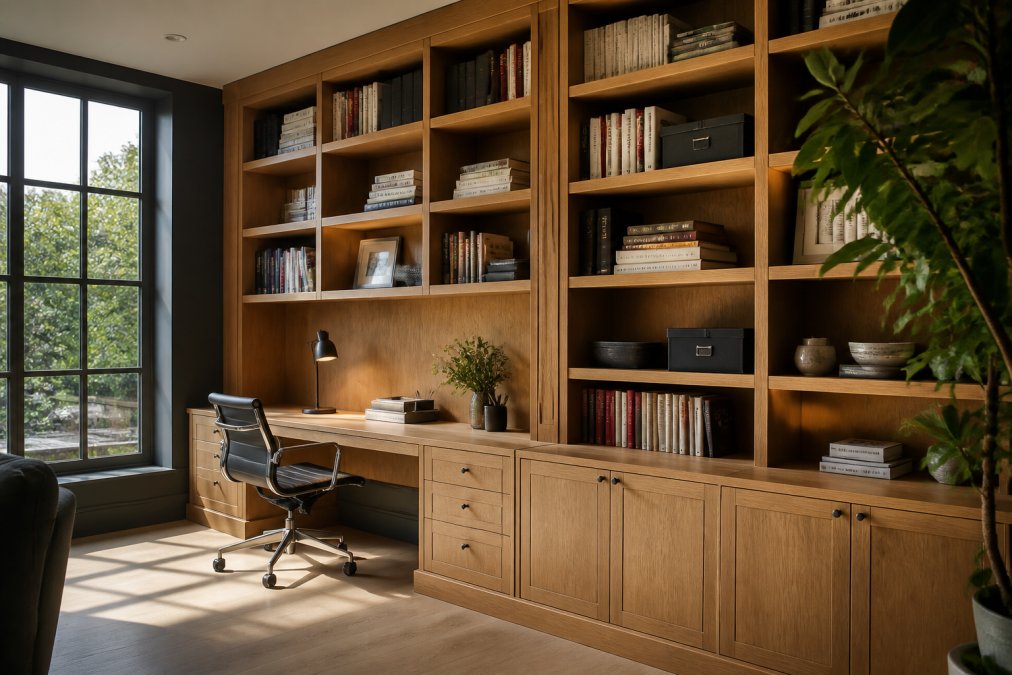 Professional home office with floor-to-ceiling fitted cabinetry in warm oak finish, featuring integrated shelving displaying books and office equipment, with a built-in desk below, natural window light streaming across organised storage