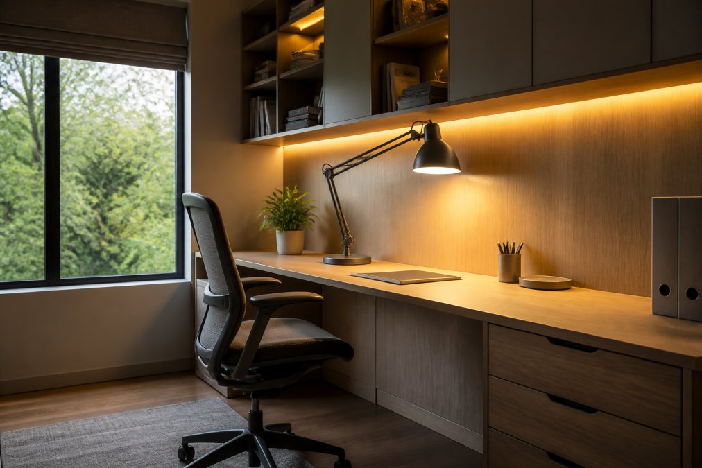 Home office workspace with layered lighting system: adjustable desk task lamp with warm colour temperature, wall-mounted LED strips above shelving providing ambient light, natural daylight from large window with minimal glare, creating bright productive environment with no harsh shadows