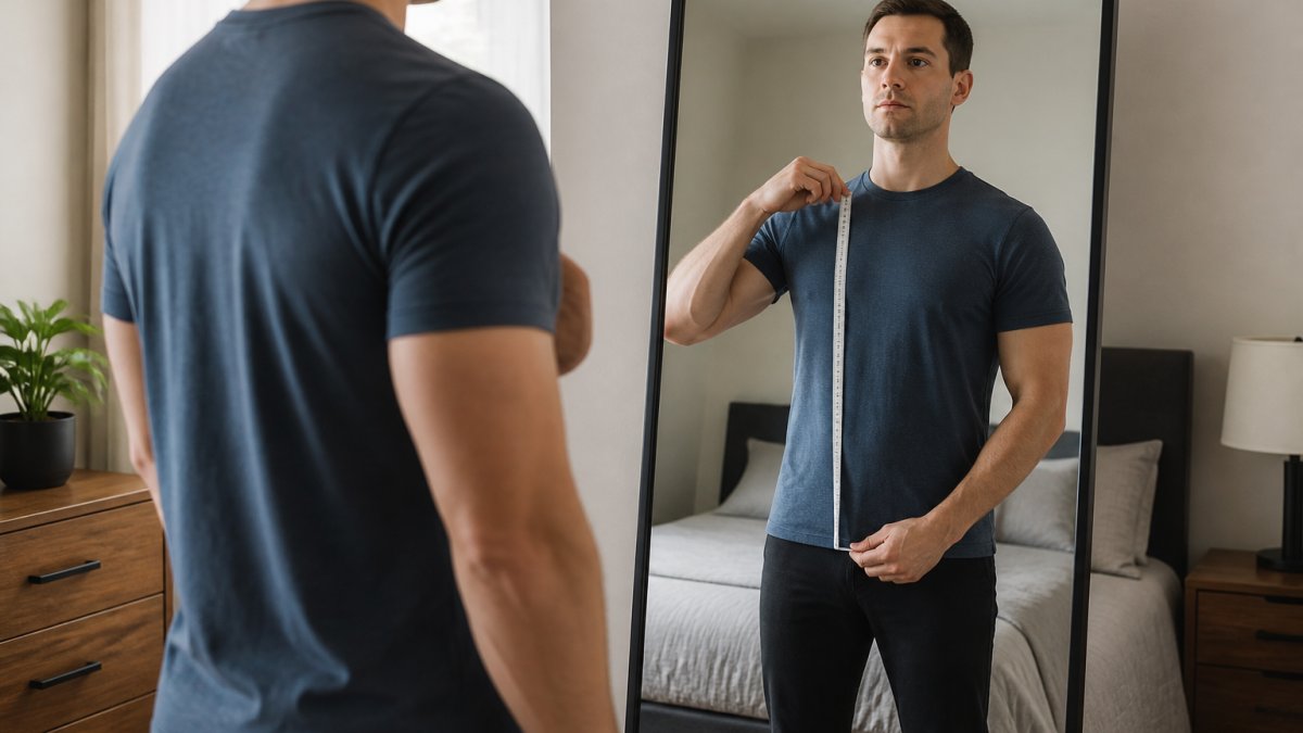 A tall man standing in front of a full-length mirror in a bedroom, holding a soft measuring tape from his shoulder seam down to his hip to check shirt length, wearing a well-fitted crew neck tee