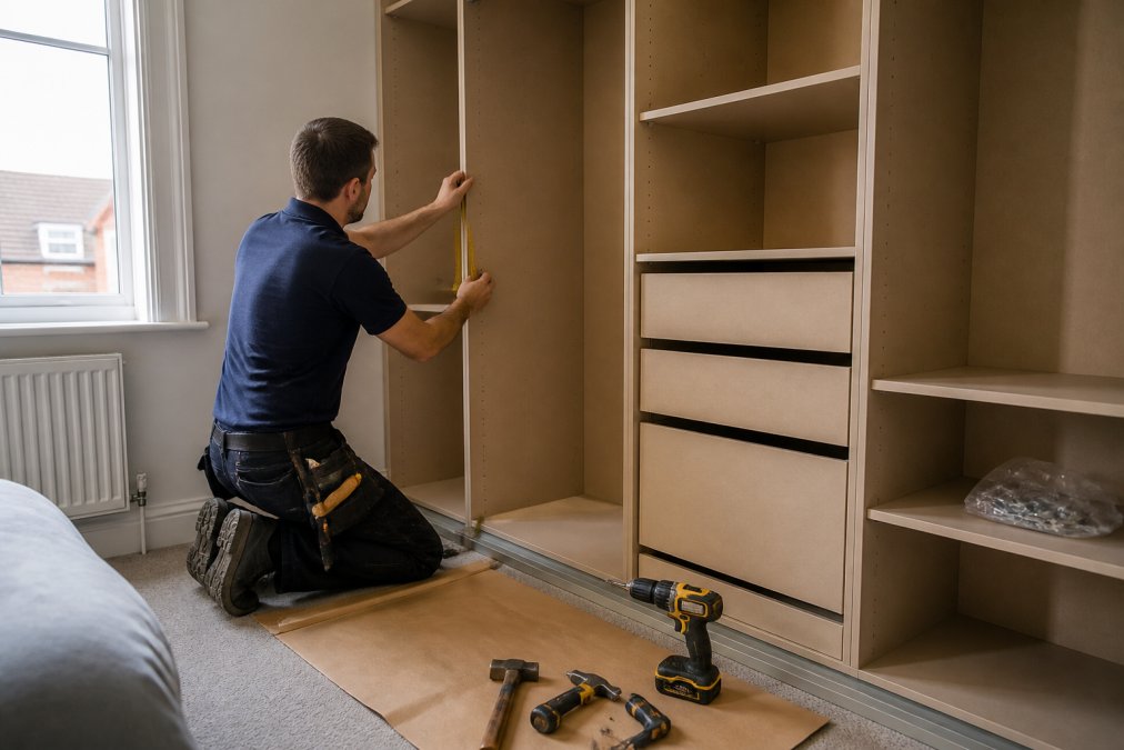Professional installer measuring and scribing internal storage sections in a bedroom wardrobe, with tools and materials visible on the floor