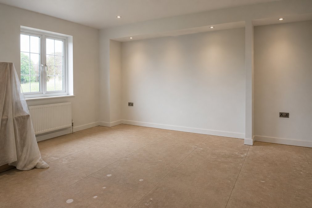 Empty bedroom with cleared floor space, protective sheeting on furniture, and wall preparation ready for wardrobe installation