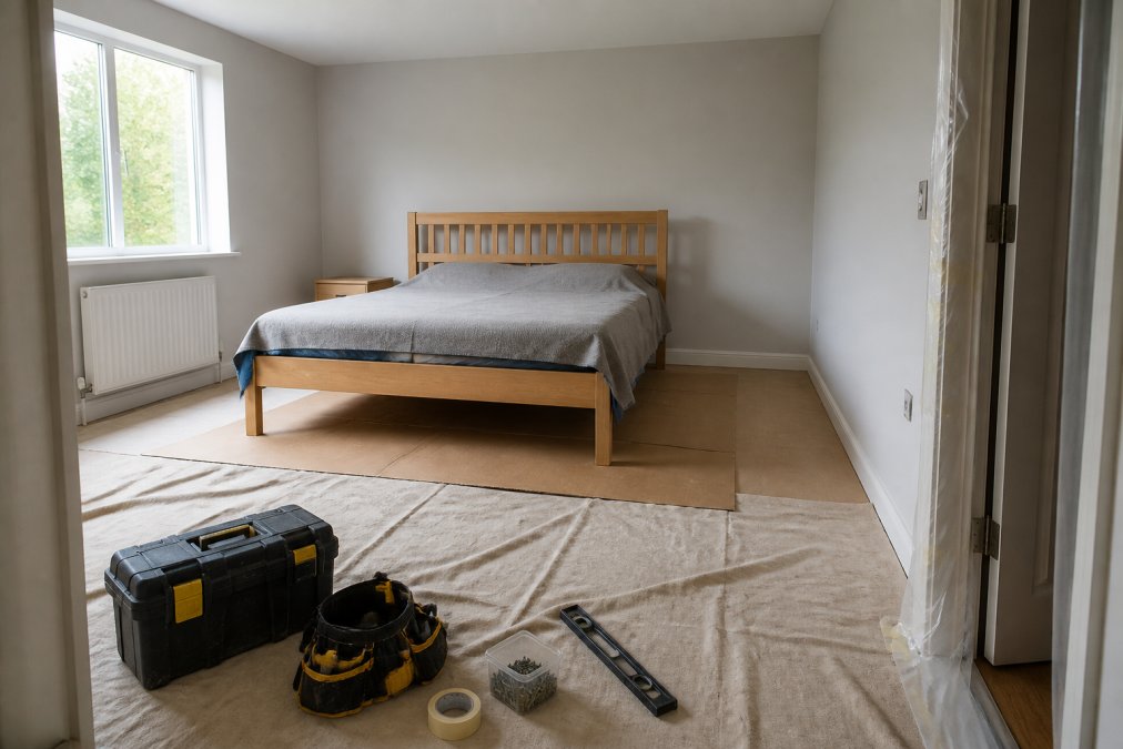 Bedroom with furniture moved to centre, walls cleared of pictures and shelves, floor protected with heavy-duty dust sheets and cardboard, doorway unobstructed with protective coverings on door frame