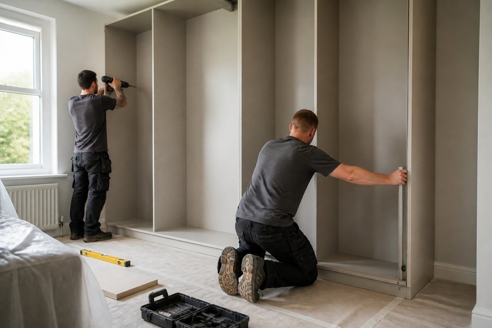 Professional installation team in work uniforms using power tools and measuring equipment to fit built-in wardrobe panels to bedroom wall, with protective coverings visible on floor and furniture, natural daylight from window