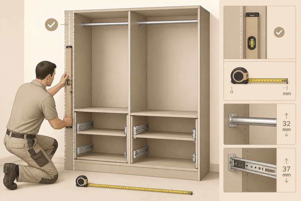 Professional installer measuring and checking plumb alignment on wardrobe carcass during installation, showing internal hanging rails and drawer runners being precisely fitted into frame, with spirit level and measuring tape visible
