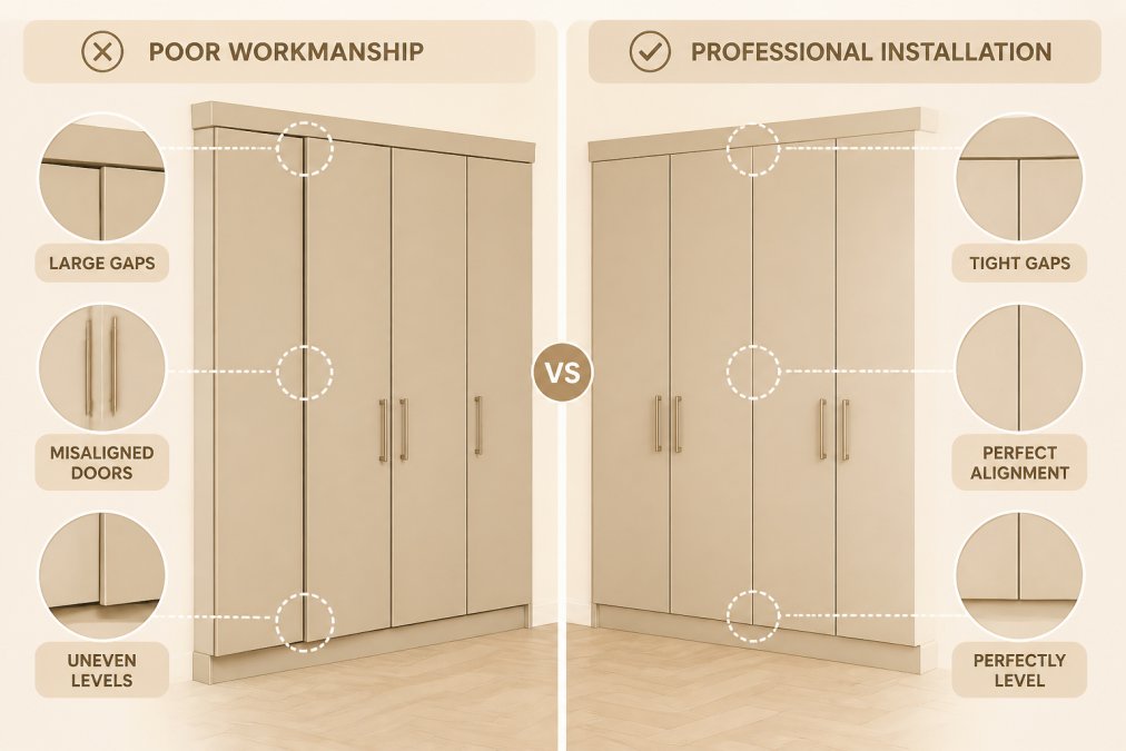 Split-screen comparison showing left side with poorly aligned wardrobe doors displaying visible gaps and misalignment, right side showing professionally installed wardrobe with flush, perfectly level doors and seamless finish