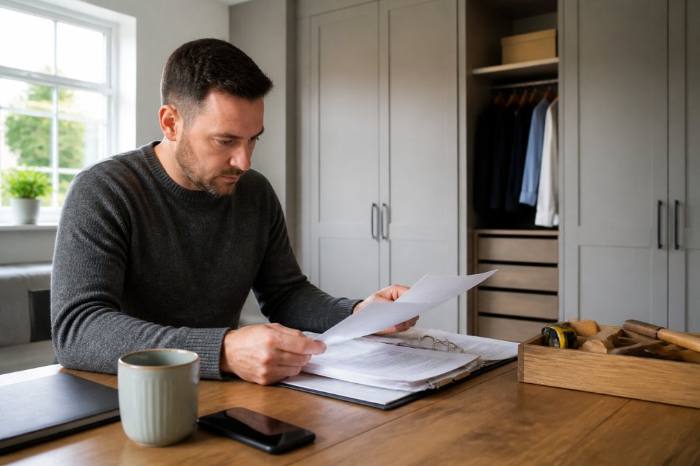 Homeowner reviewing warranty documentation and proof of purchase paperwork at wooden desk, with fitted wardrobe visible in background, natural window lighting