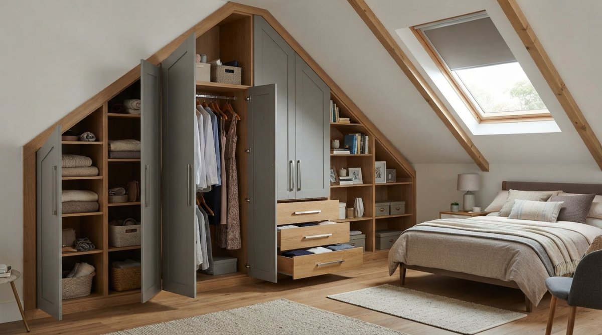Professional illustration showing fitted wardrobes for sloping ceilings