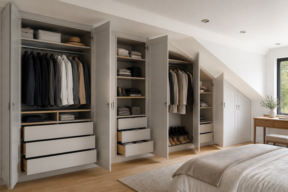 Modern bedroom with fitted wardrobe installed along entire wall, seamlessly integrated with sloping ceiling and alcoves spaces, interior doors open to reveal organised hanging rails, shelving, and drawers with soft-close mechanisms