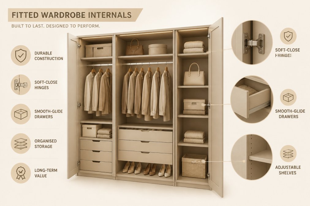 Close-up of fitted wardrobe internals showing quality joinery, soft-close hinges, organised storage compartments with drawers, hanging space, and shelf dividers in professional installation