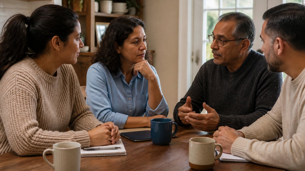 Infographic flowchart showing how to share family medical context safely through calm, thoughtful conversation.