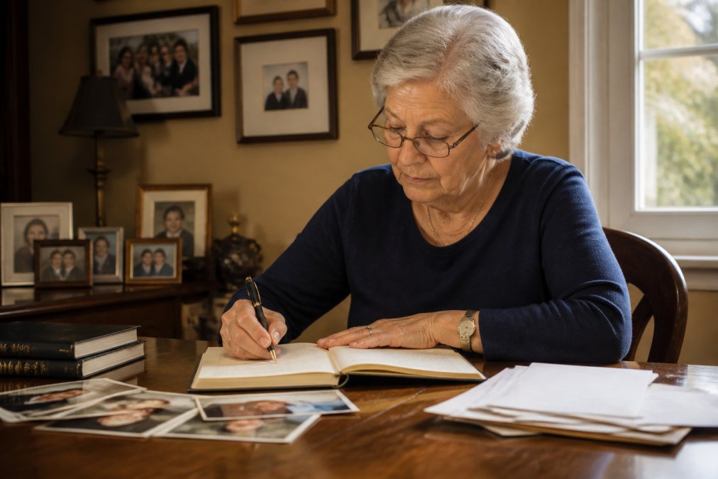 An older adult seated at a wooden desk writing in a journal with a fountain pen, soft afternoon light through a window, framed family photographs visible on the wall behind them