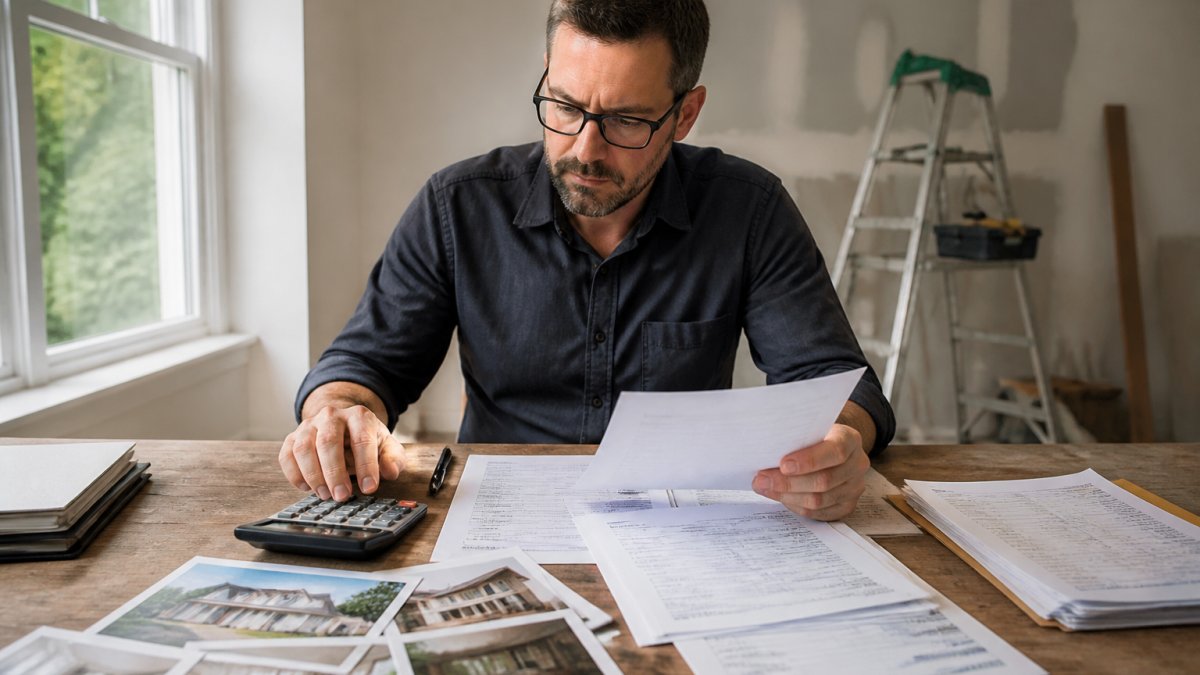 Self-employed real estate investor reviewing property renovation plans and financial documents at a desk with calculator, bank statements, and property photos in natural daylight