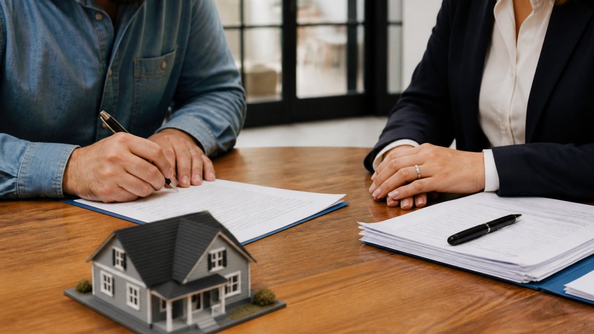 Real estate investor signing closing documents at a desk with a title company representative, loan papers and pen visible on wooden surface with natural office lighting