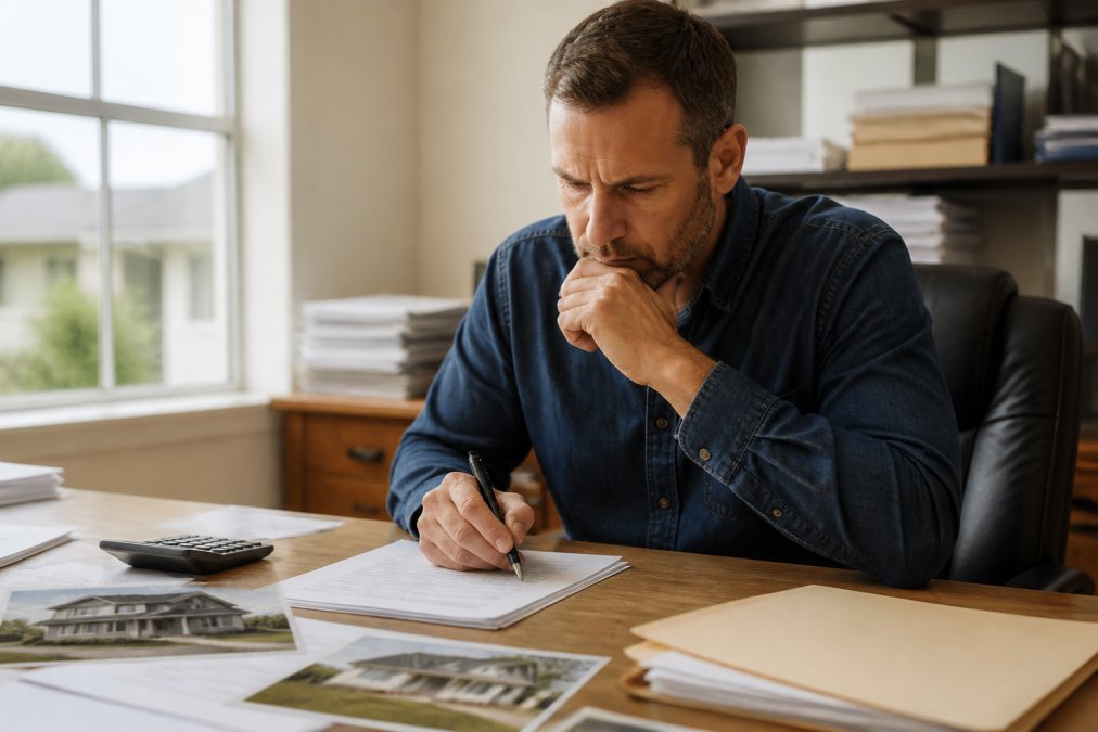 Real estate investor reviewing loan documents and spreadsheets at a desk with calculator, pen, and property photos visible, natural office lighting