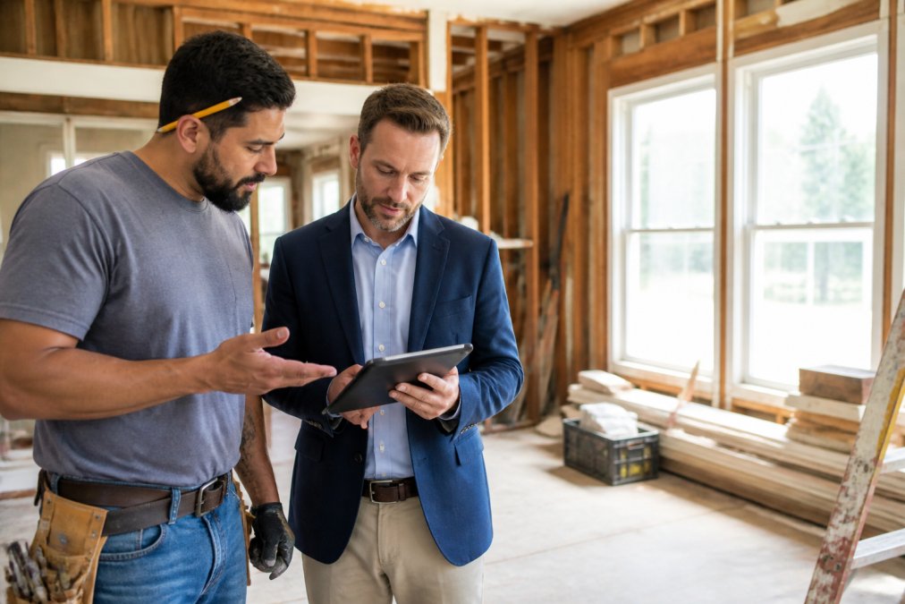 Contractor and investor walking through a renovation project, discussing plans with tablet and construction materials in background, natural daylight through windows