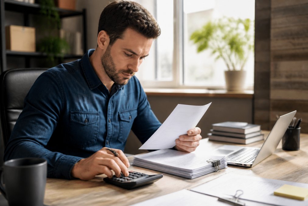 Real estate investor reviewing loan documents and closing disclosure paperwork at desk with calculator and laptop, natural office lighting