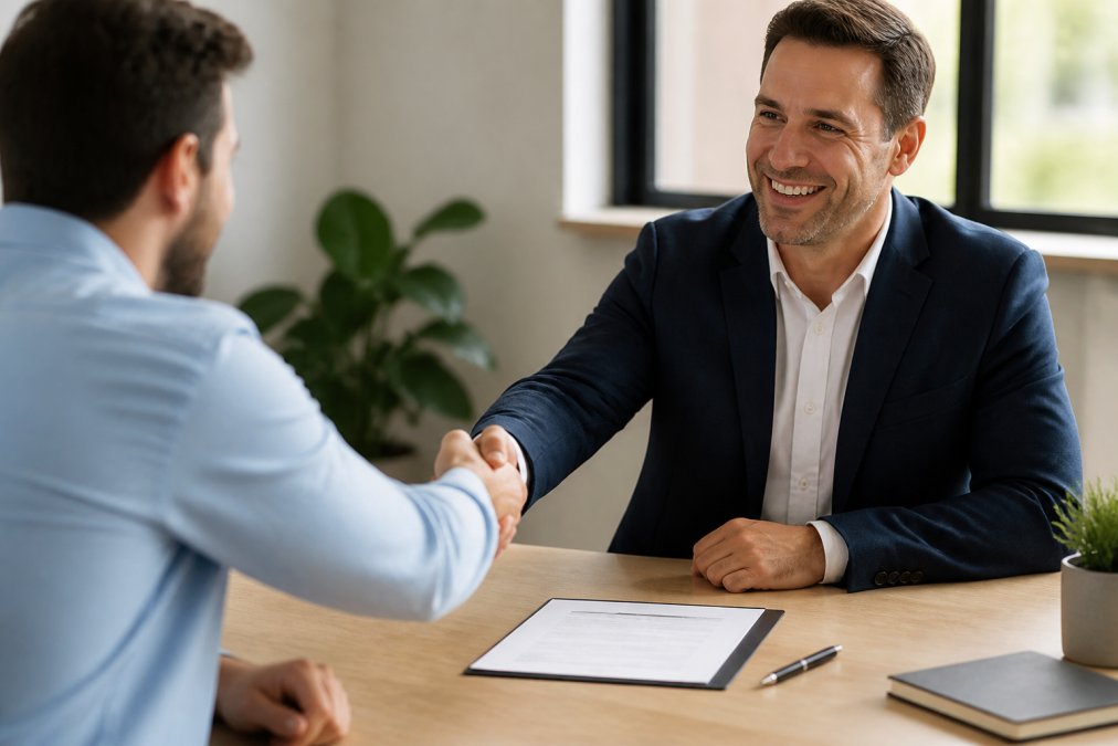 Professional loan officer and real estate investor shaking hands across desk with contract and pen, modern office setting with natural lighting