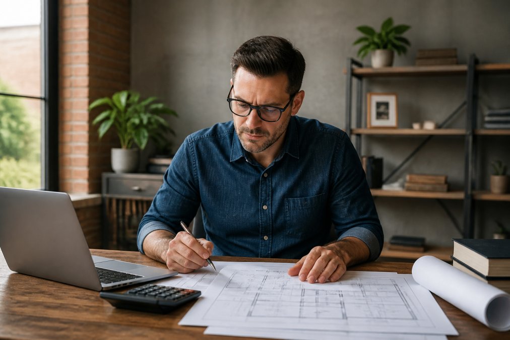 Experienced real estate investor reviewing property blueprints and renovation plans at desk with laptop, calculator, and architectural drawings in professional office setting with natural window lighting