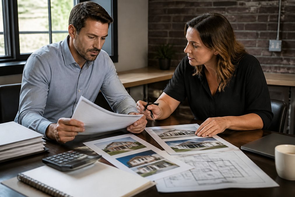 Real estate investor and loan officer reviewing comprehensive documentation package including property photos, renovation blueprints, contractor quotes, and financial statements spread across desk with calculator and laptop