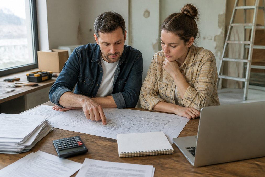Real estate investor reviewing renovation blueprints, property documents, and cost estimates at a desk with a laptop and calculator in a bright office setting