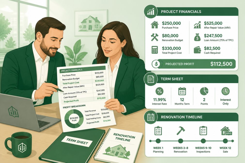 Loan officer and real estate investor reviewing detailed project financials, term sheet, and renovation timeline in a modern office with natural lighting