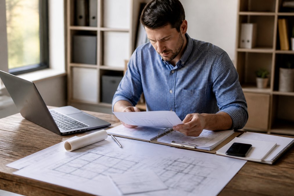 Real estate investor reviewing property documents and renovation plans at a desk with blueprints, laptop, and financial paperwork spread out in natural office lighting