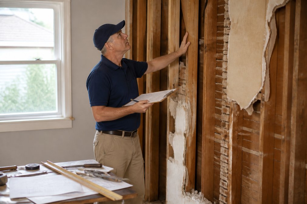 Professional property appraiser inspecting residential property walls and structural elements with clipboard and measurement tools during detailed assessment