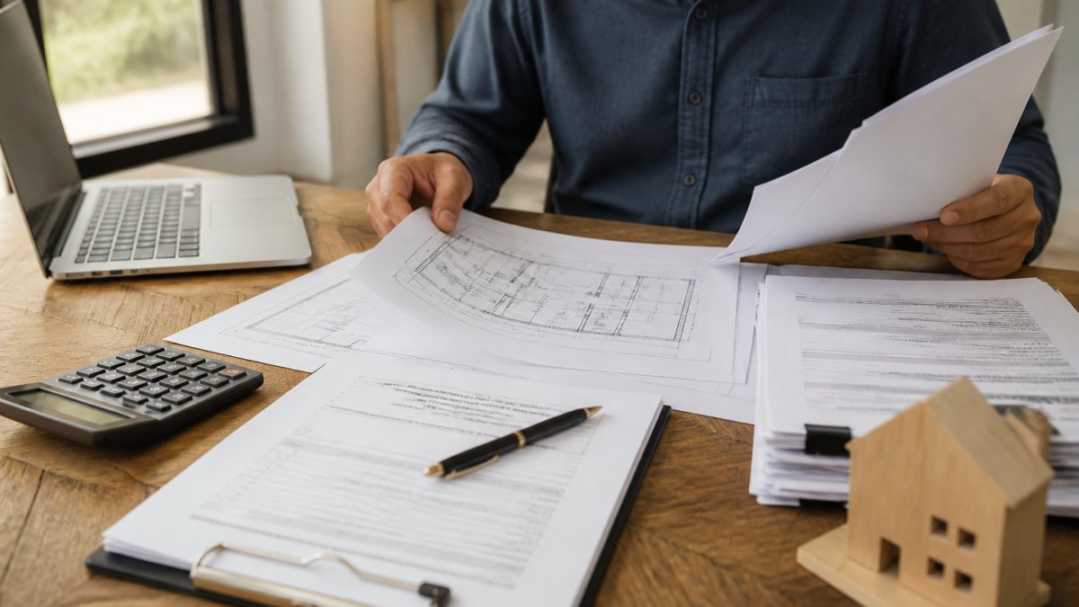Real estate investor organizing property documents, renovation blueprints, and financial statements on a desk with a laptop and calculator visible under natural office lighting