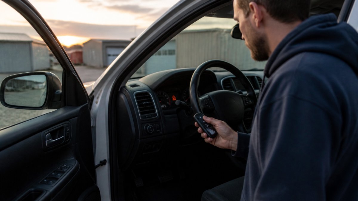 A driver standing beside an open car door at dusk, looking at the dashboard where a security indicator light is illuminated, with a key fob in hand