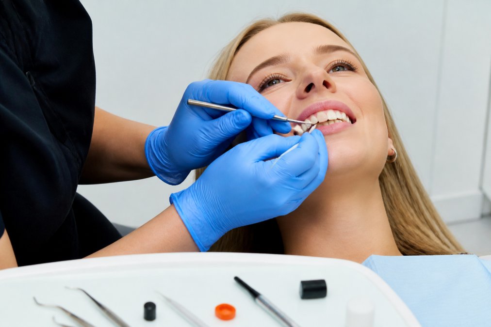 Dentist's hands applying composite resin bonding material to a patient's front tooth under bright clinical lighting, showing precision work with bonding instruments