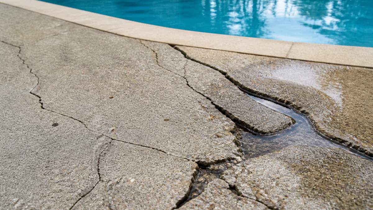Close-up of cracked pool deck showing hairline cracks alongside wider fissures with water pooling in damaged areas, demonstrating severity differences