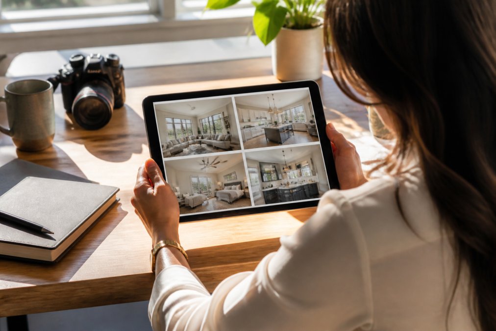 Real estate agent reviewing multiple edited interior photos on a tablet, showing various rooms with recovered shadow detail and natural-looking brightness, afternoon sunlight streaming across the workspace