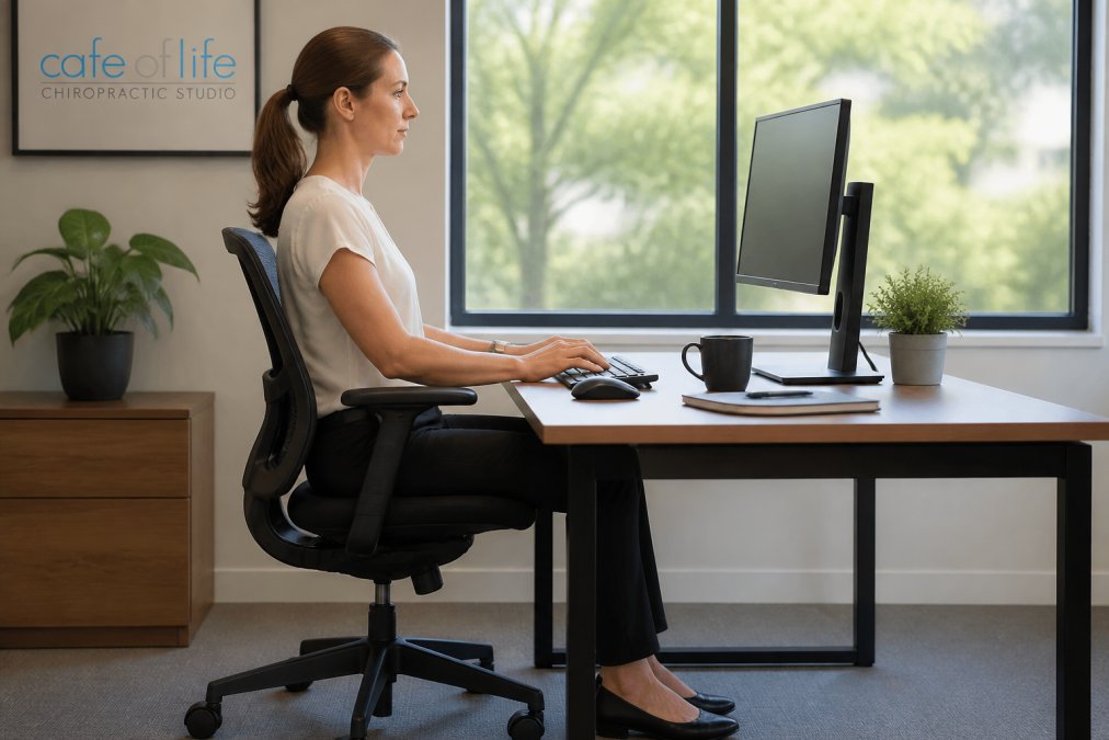 Office worker sitting at desk with correct posture demonstrating neutral spine alignment, monitor at eye level, feet flat on floor, back supported by ergonomic chair with lumbar support, shoulders relaxed, wrists neutral on keyboard in bright natural office lighting