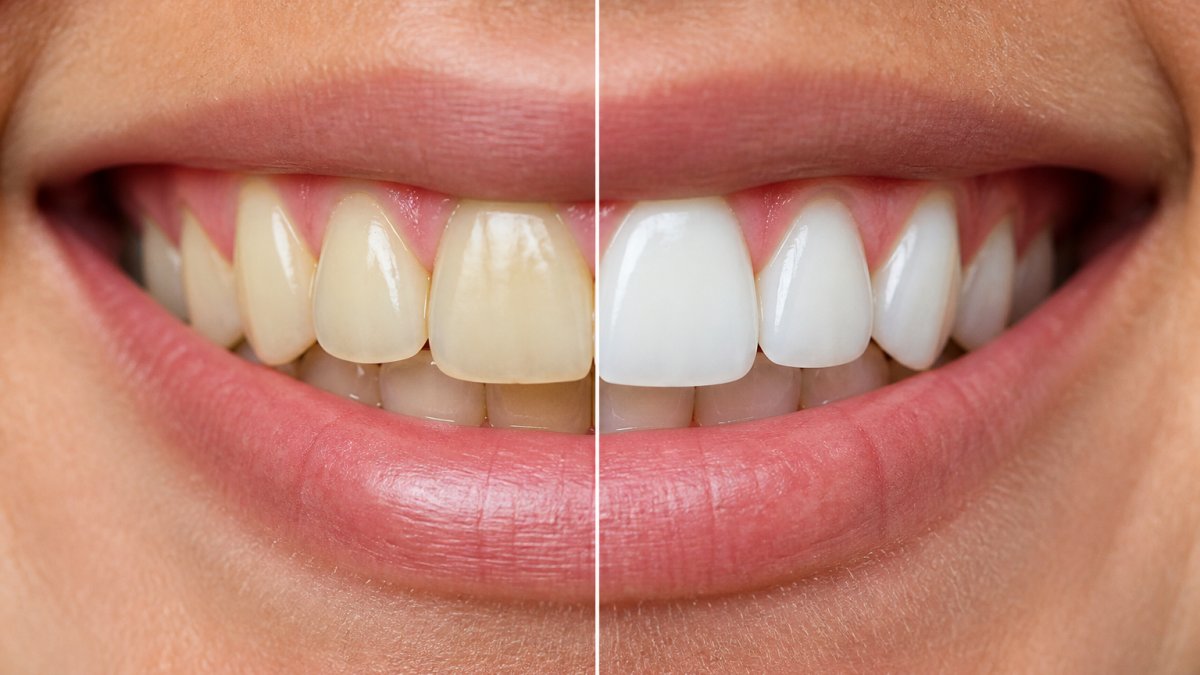 Infographic showing the before-and-after process of whitening discolored front teeth through cosmetic treatment.