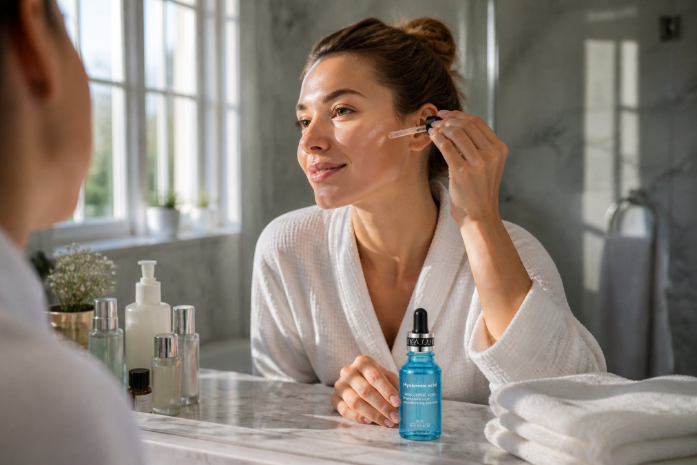 Person applying a hydrating serum to their face in a bright bathroom with skincare products arranged on the marble counter, morning light streaming through the window