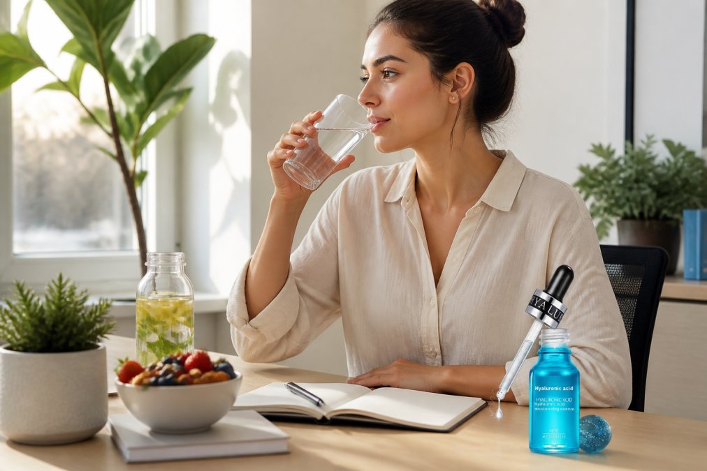 Woman drinking water at her desk during work with a calm, focused expression, wellness items visible nearby, natural office lighting