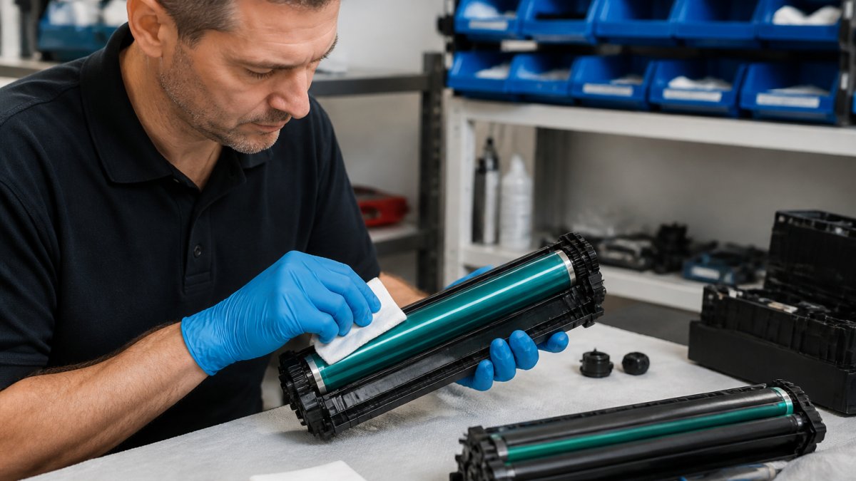 Professional technician carefully cleaning a laser printer drum unit with appropriate lint-free materials and gentle technique, showing proper handling in well-lit workshop environment