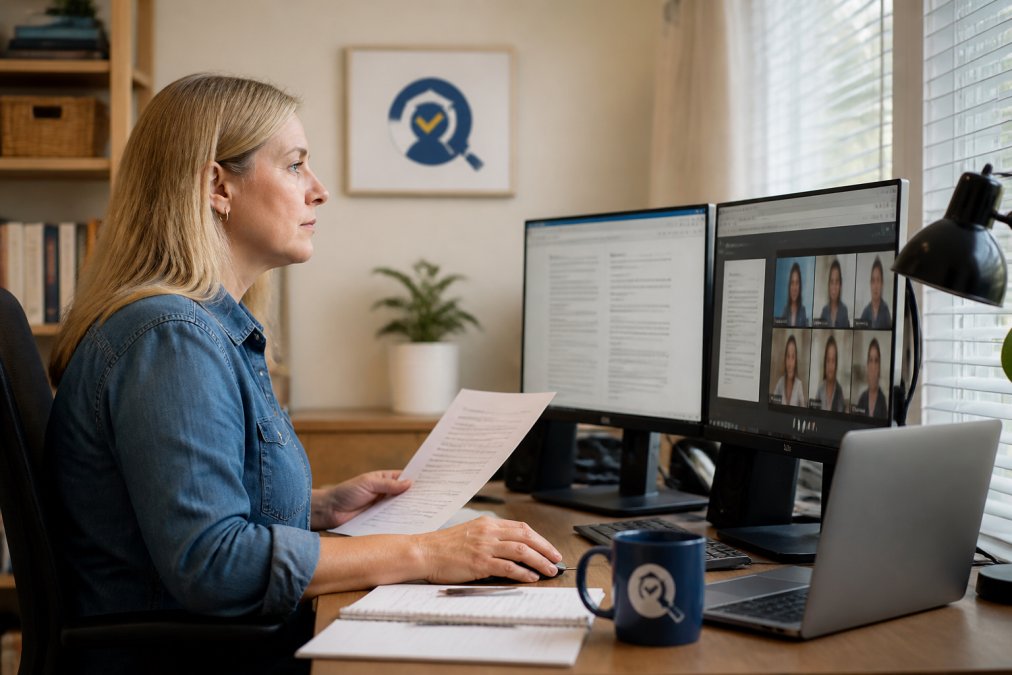 Educator reviewing documents on multiple monitors to fix gaps in academic cv while working at a home desk