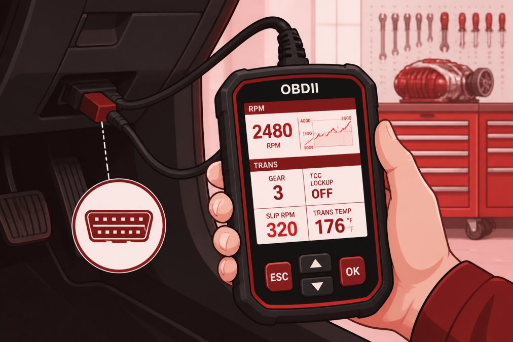 Mechanic's hand holding an OBDII diagnostic scanner connected to a vehicle's OBD2 port, scanner display visible showing real-time RPM and transmission data, garage workshop setting with tools in background