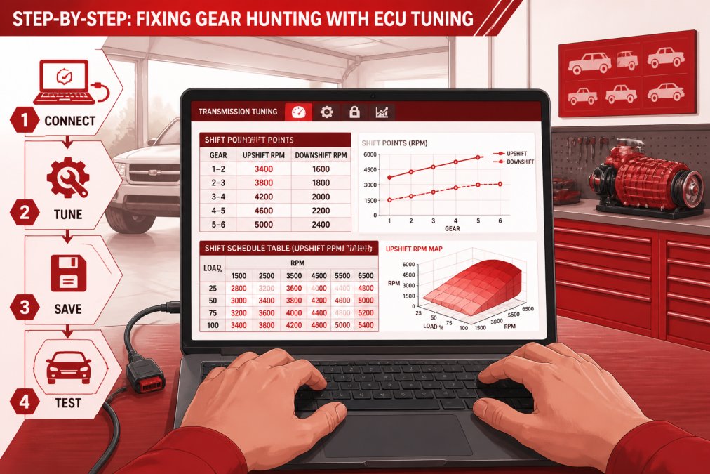 Hands positioned on laptop keyboard with transmission tuning software displayed on screen showing shift point parameters and RPM tables, laptop positioned in a garage workshop with tool boxes visible in background and natural daylight from overhead bay doors
