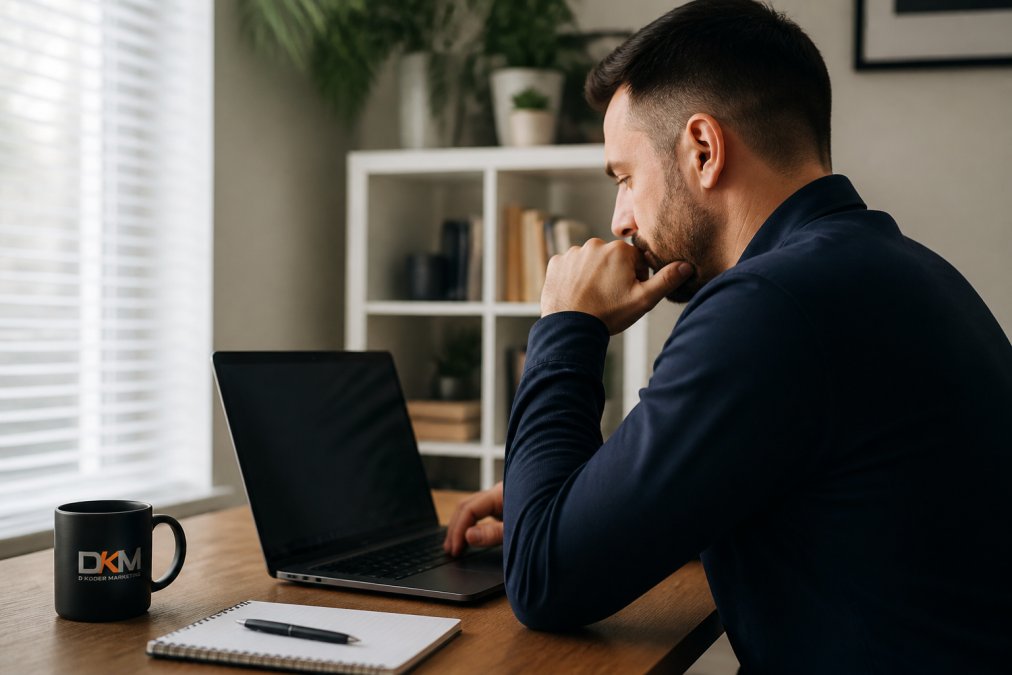 Business owner reviewing conversion data on laptop screen in home office with notebook and coffee cup on desk